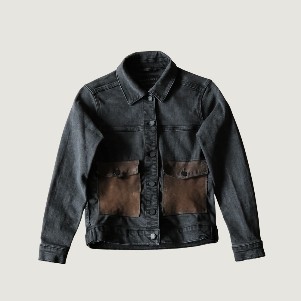 AllSaints Denim Jacket Women Black Contrast Pocket Vintage Y2K 0 Slim Fit Grunge